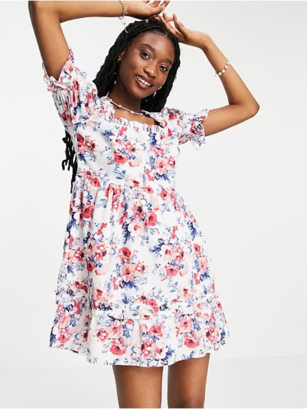 ASOS White Floral Midi Dress with Pink and Blue Print
